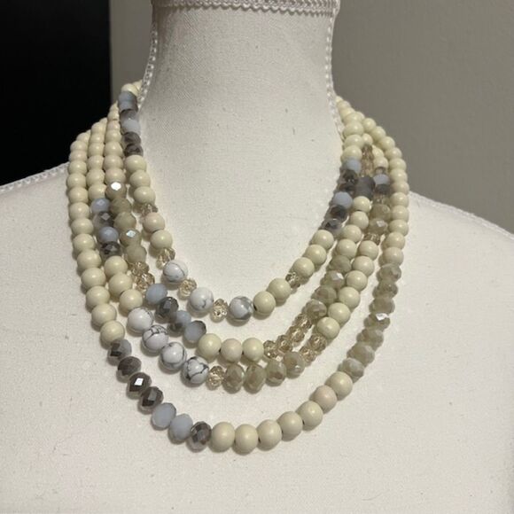 Ivory Wood Beads White Gray Marble Beads 4 Strand Choker Necklace - Picture 1 of 7